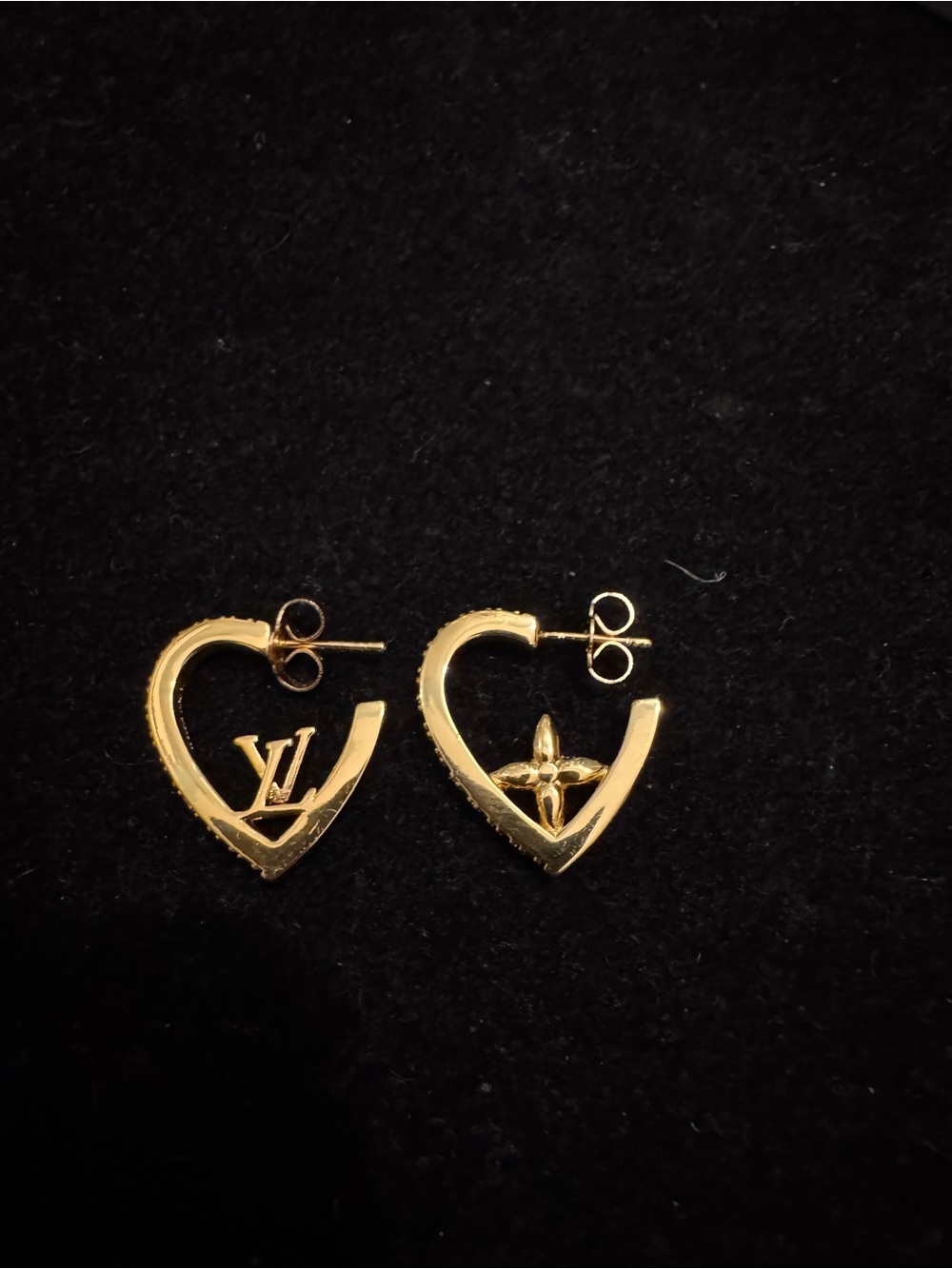 Louis Vuitton Gold Heart Stud Earrings with LV & Monogram Flower